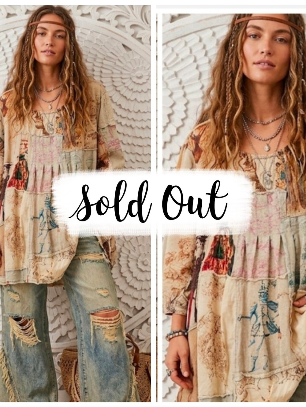 Boho Patchwork Tunic Top in Beige Patchwork